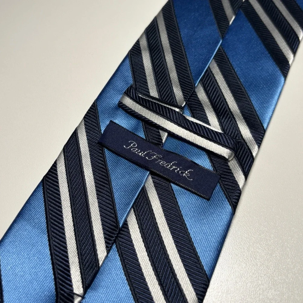 Paul Fredrick Stipped Repp Tie Blue Silver 100% Silk Hand Made Formal Necktie